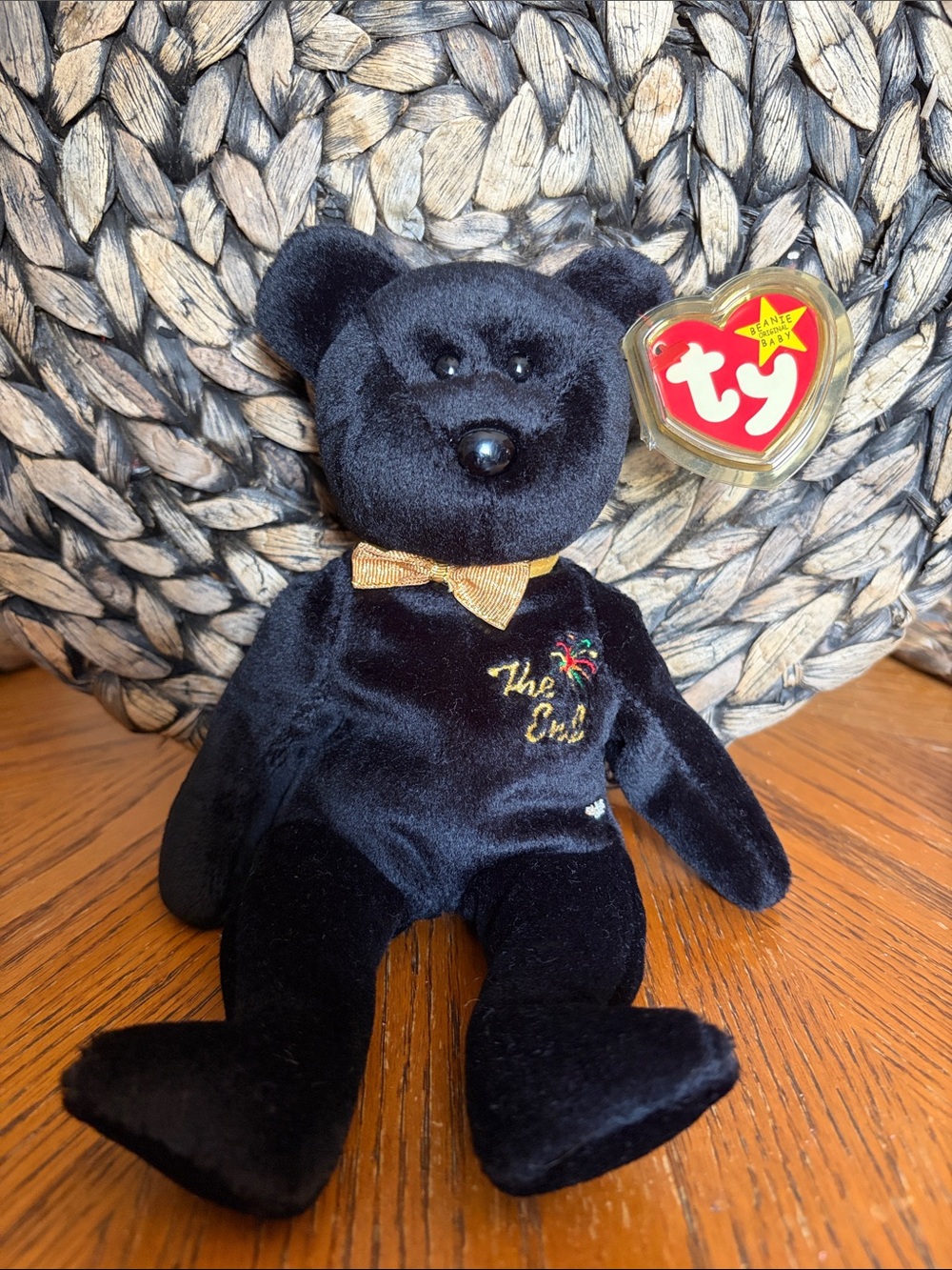 Ty The End Black Bear Plush with Gold Bow and Red Heart Tag
